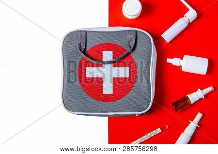 Flat Lay Composition With First Aid Kit On Color Red White On Background, Flat Lay, Top View