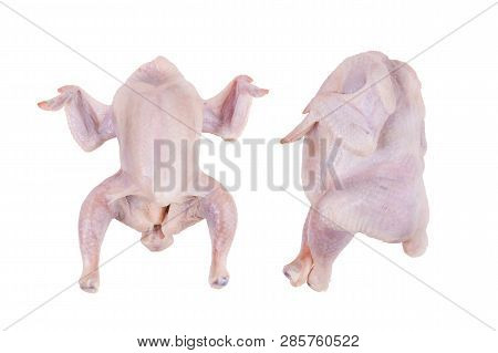 Two Plucked Chicken Carcasses On A White Background