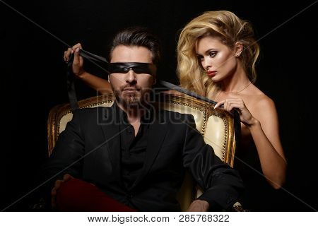 Sexy Couple Love, Blindfold Man In Suit With Sexy Blonde Woman