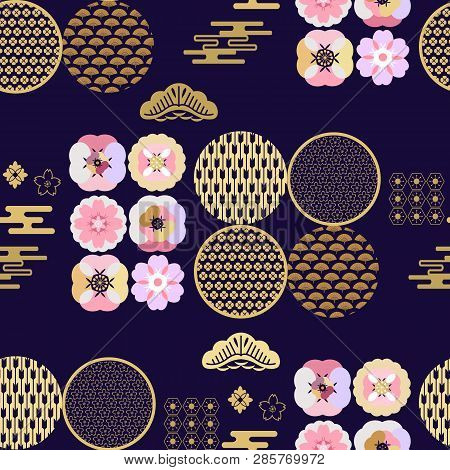 Beautiful Japanese Seamless  Pattern With Sakura Flowers, Clouds, Waves. Japanese, Chinese Elements.