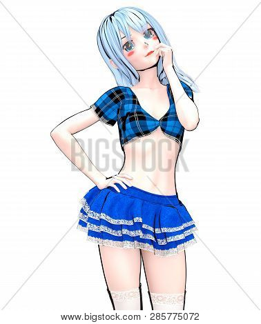 Sexy Anime 3d Doll Japanese Anime Schoolgirl Big Blue Eyes.short Blue Jeans Skirt Blouse.cartoon, Co