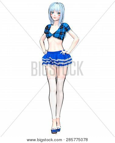 Sexy Anime 3d Doll Japanese Anime Schoolgirl Big Blue Eyes.short Blue Jeans Skirt Blouse.cartoon, Co