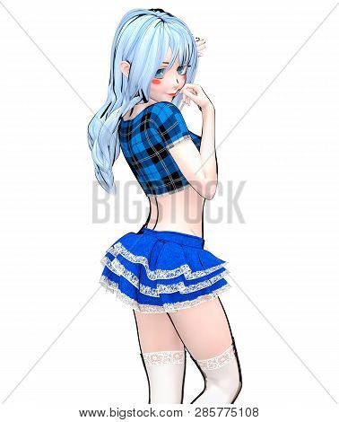 Sexy Anime 3d Doll Japanese Anime Schoolgirl Big Blue Eyes.short Blue Jeans Skirt Blouse.cartoon, Co