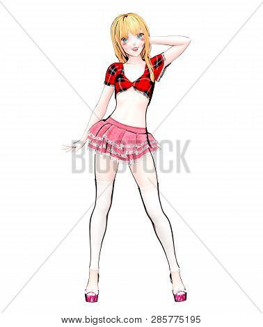 Sexy Anime 3d Doll Japanese Anime Schoolgirl Big Blue Eyes.short Red Jeans Skirt Blouse.cartoon, Com
