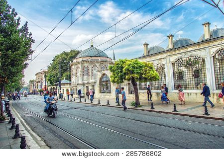 Istanbul, Turkey: Historical Street In A Center Of Istanbul With Mausoleum Of Sultan Mahmut Ii On Ba