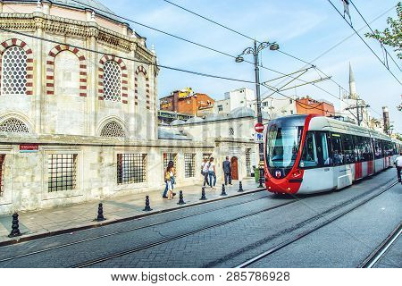 Istanbul, Turkey: Historical Street In A Center Of Istanbul With Mausoleum Of Sultan Mahmut Ii On Ba