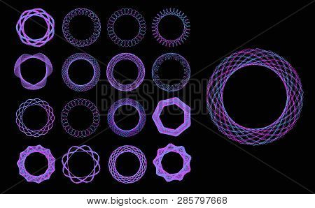 Set Of Blue Neon Mandalas. Ornament, Circular Geometric Pattern, Spirogram. Oriental Pattern. Vector