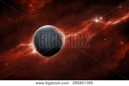 Spacescape with a rocky planet and a red nebula. Digital illustration.