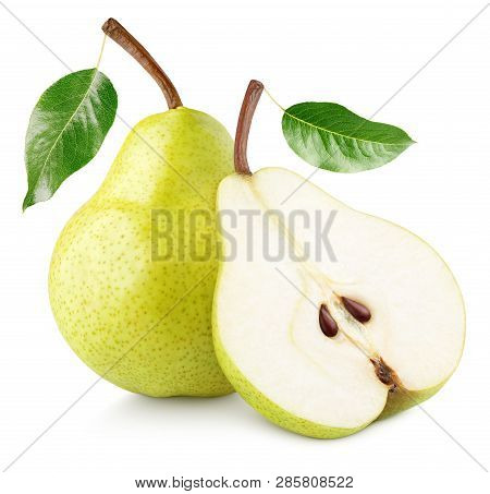 Green Yellow Pear Fruit With Pear Half And Green Leaves Isolated On White Background With Clipping P