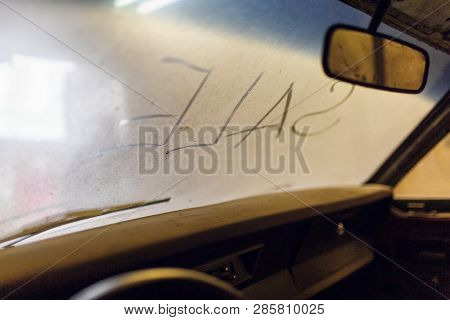 Inside View Of Old Broken Car Interior With Dusty Vehicle Dashboard, Back Mirror, Driving Steering W