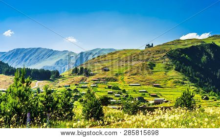 View On Landscape With Ancient Ruins Of Defensive Towers In Tusheti Village Omalo
