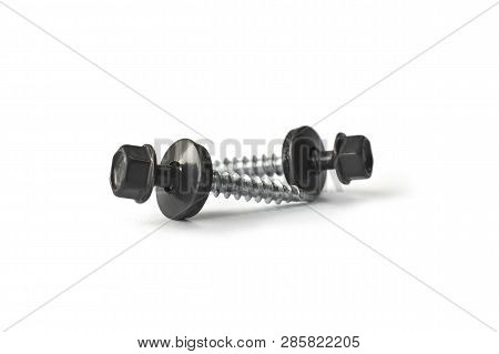 Closeup Self Drilling Screws For Roofing With A Drill And With Sealing Washer Isolated On White. Iso