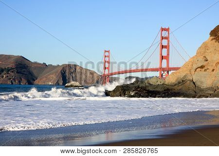 Golden Gate Bridge At Sunset As Seen From Baker Beach, California, Usa.