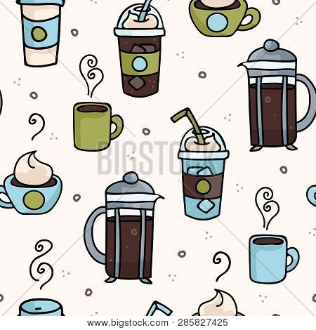 Vector Coffee Seamless Repeat Pattern Illustration Different Caffeine Drinks