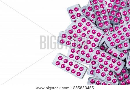 Ibuprofen In Pink Tablet Pills In Blister Pack Isolated On White Background With Copy Space. Ibuprof