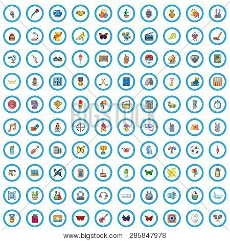 100 Childrens Activities Icons Set. Cartoon Illustration Of 100 Childrens Activities Vector Icons Is