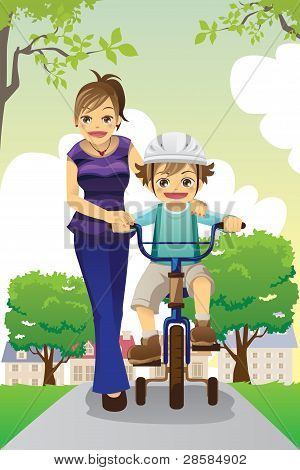 Madre hijo de enseñanza ciclismo