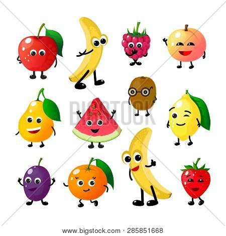 Cartoon Funny Fruits. Happy Apple Banana Raspberry Peach Pear Watermelon Lemon Strawberry Faces. Sum