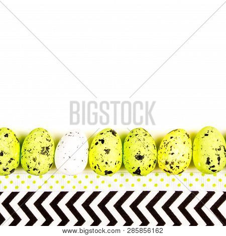 Easter Abstract Gift Card On Black And White Textured Background With Easter Eggs  Laying In Row