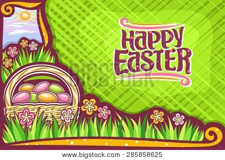 Vector Greeting Card For Easter Holiday With Copy Space, Dark Banner With Yellow & Pink Wildflowers,