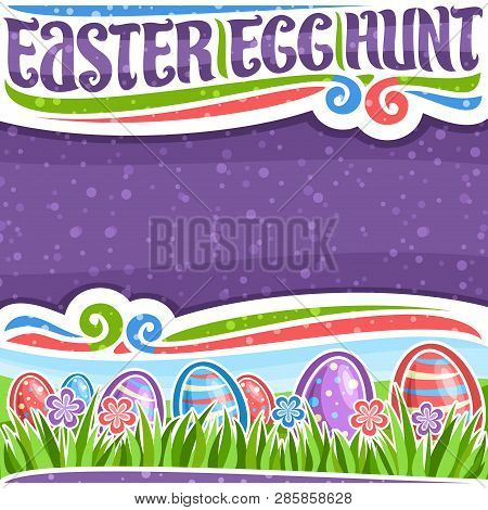Vector Poster For Easter Egg Hunt With Copy Space, White Frame With Blue And Red Wildflowers, Colorf