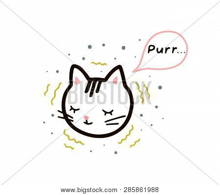Dozing Kitten In A Linear Style. Purr Text In A Speech Bubble. Vector Isolated Illustration