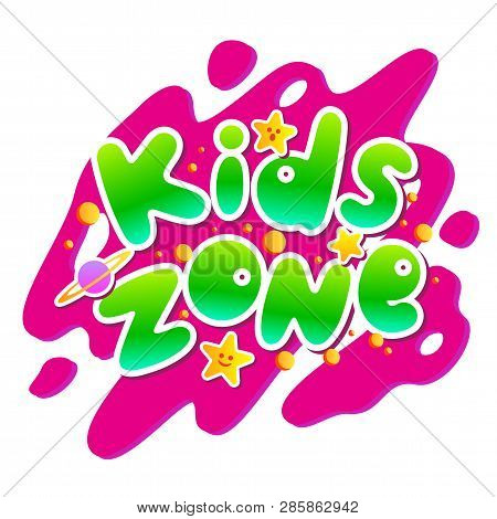 Kids Zone Vector Cartoon Logo. Colorful Bubble Letters For Children Playroom Decoration. Inscription