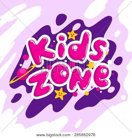Kids Zone Vector Cartoon Logo. Colorful Bubble Letters For Children Playroom Decoration. Inscription