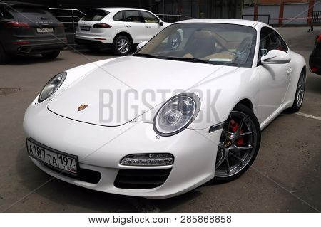 Moscow. Autumn 2018. White Porsche 911 Tuned With Bbs Wheels. Stands On The Parking.