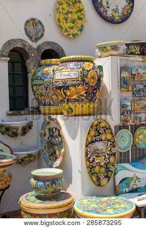 Ravello, Italy - June 16, 2017: Artistic Ceramic Products For Sale In Ravello. A Small Charming Town
