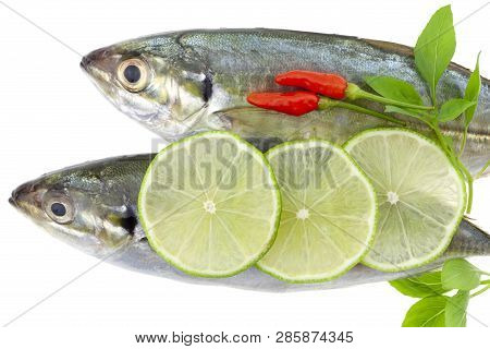 Fresh Fish With Lemon And Leaf Isolated On White Background,concept Cooking Background.