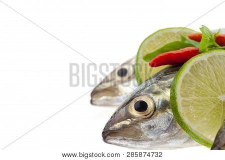 Fresh Fish With Lemon And Leaf Isolated On White Background,concept Cooking Background.