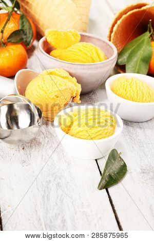 Scoop Of Tangarine Orange Ice Cream. Delicious Icecream Set