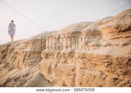 Tired Girl Walking Sand Desert Beach Footprints