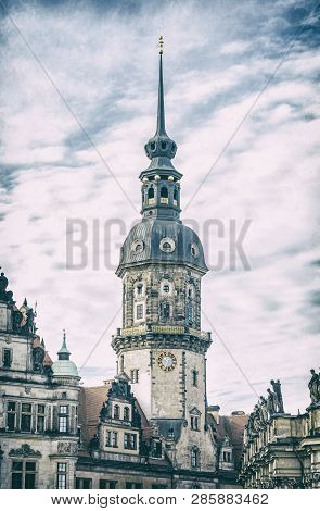 Hausmannsturm, Dresden Castle, Germany. Architectural Scene. Travel Destination. Analog Photo Filter