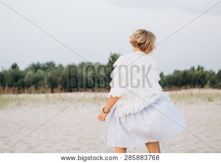 Girl Walks Along Sand Direction Trees Rejoices