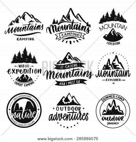 Set Of Vintage Hand Drawn Travel Badges. Camping Labels Concepts