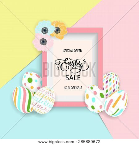 Special Offer Easter Sale Banner Vector  Illustration. Easter Multicolored Eggs With Flowers Anemone