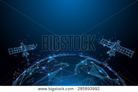 Earth View From Space And Satellite  From Lines, Triangles And Particle Style Design. Illustration V