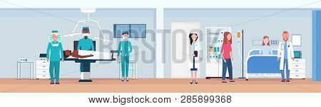 Surgeons Operating Patient On Operation Table Doctors Visiting Woman Lying In Bed Intensive Therapy 