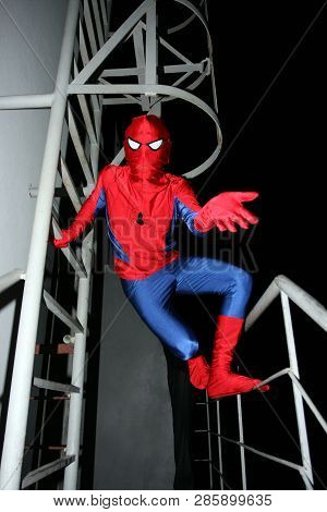 Kiev, Ukraine, 08.09.2008 A Person In A Costume Of Spiderman On The Stairs