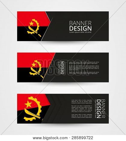 Set Of Three Horizontal Banners With Flag Of Angola. Web Banner Design Template In Color Of Angola F