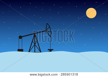 Horse Head Oil Pump. Winter Night. Vector Illustration.