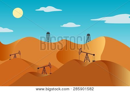Oil Rigs And Horse-head Oil Pumps In Desert. Vector Illustration.