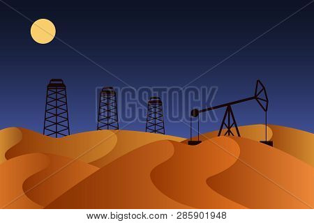 Oil Rigs In A Row And Horse-head Oil Pump In Night Desert. Vector Illustration.