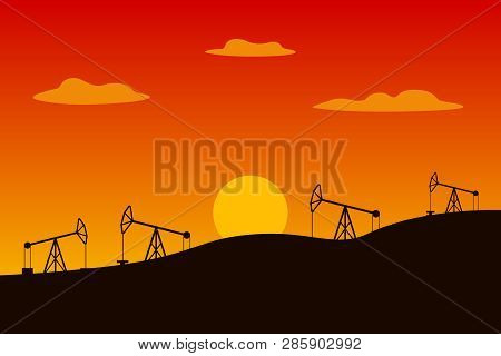Horse Head Oil Pumps In Desert. Oilfield View. Vector Illustration.