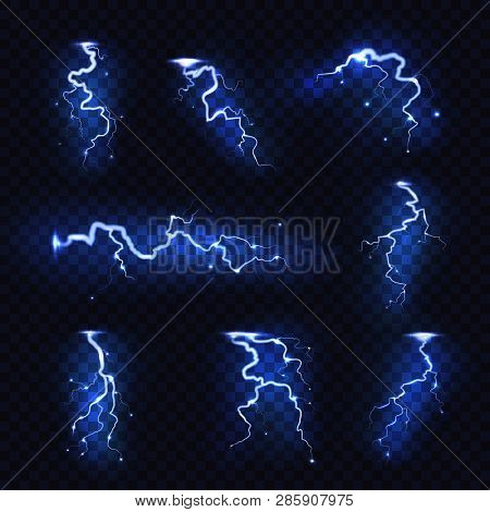Realistic Lightnings. Blitz Lightning Thunder Light Sparks Storm Flash Thunderstorm. Power Energy Ch