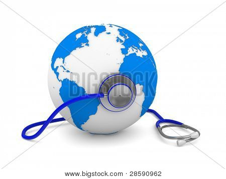 Stetoscopio e globo su sfondo bianco. Immagine 3D isolato