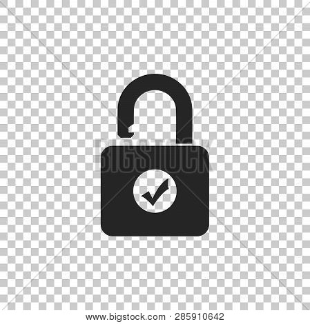 Open Padlock And Check Mark Icon Isolated On Transparent Background. Security Check Lock Sign. Flat 