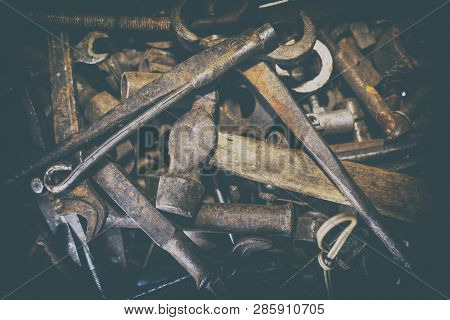 Set Of Old Dirty Tools In Vintage Style